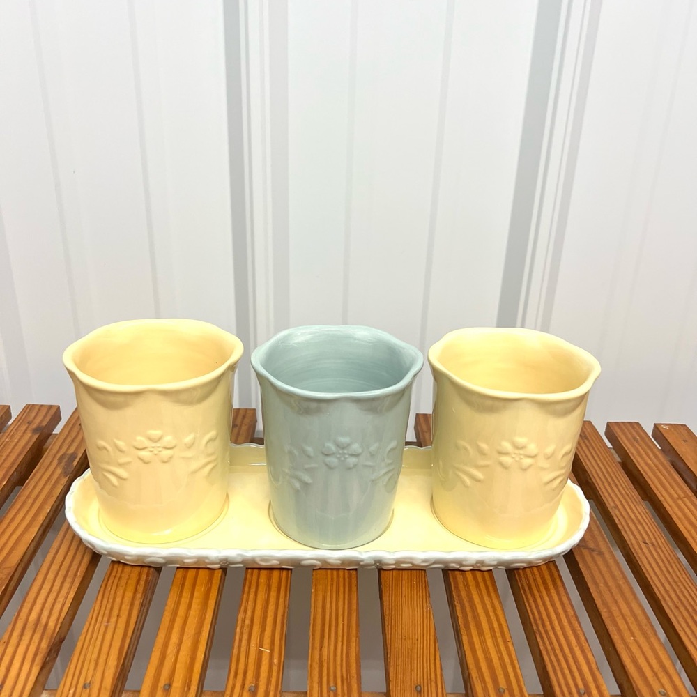 Home interiors flower pots herb garden blue yellow ceramic decor